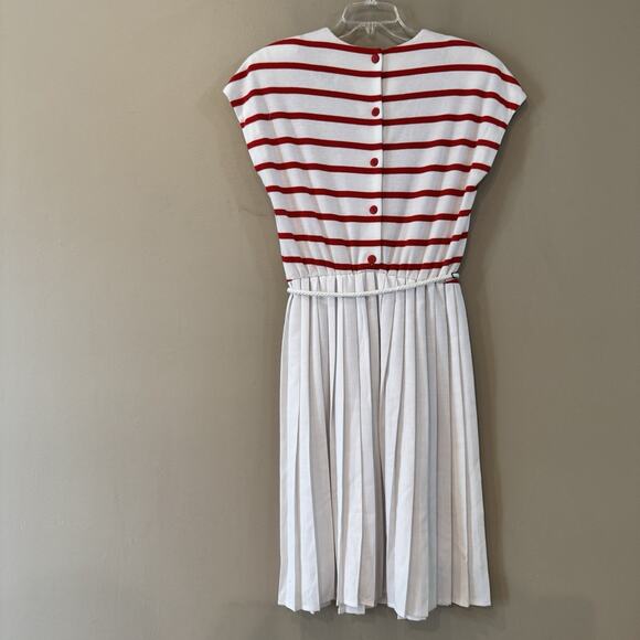VTG Nautical Dress 10 Red White Candy Stripe Americana Pleated‎ Button Back USA - Picture 7 of 14